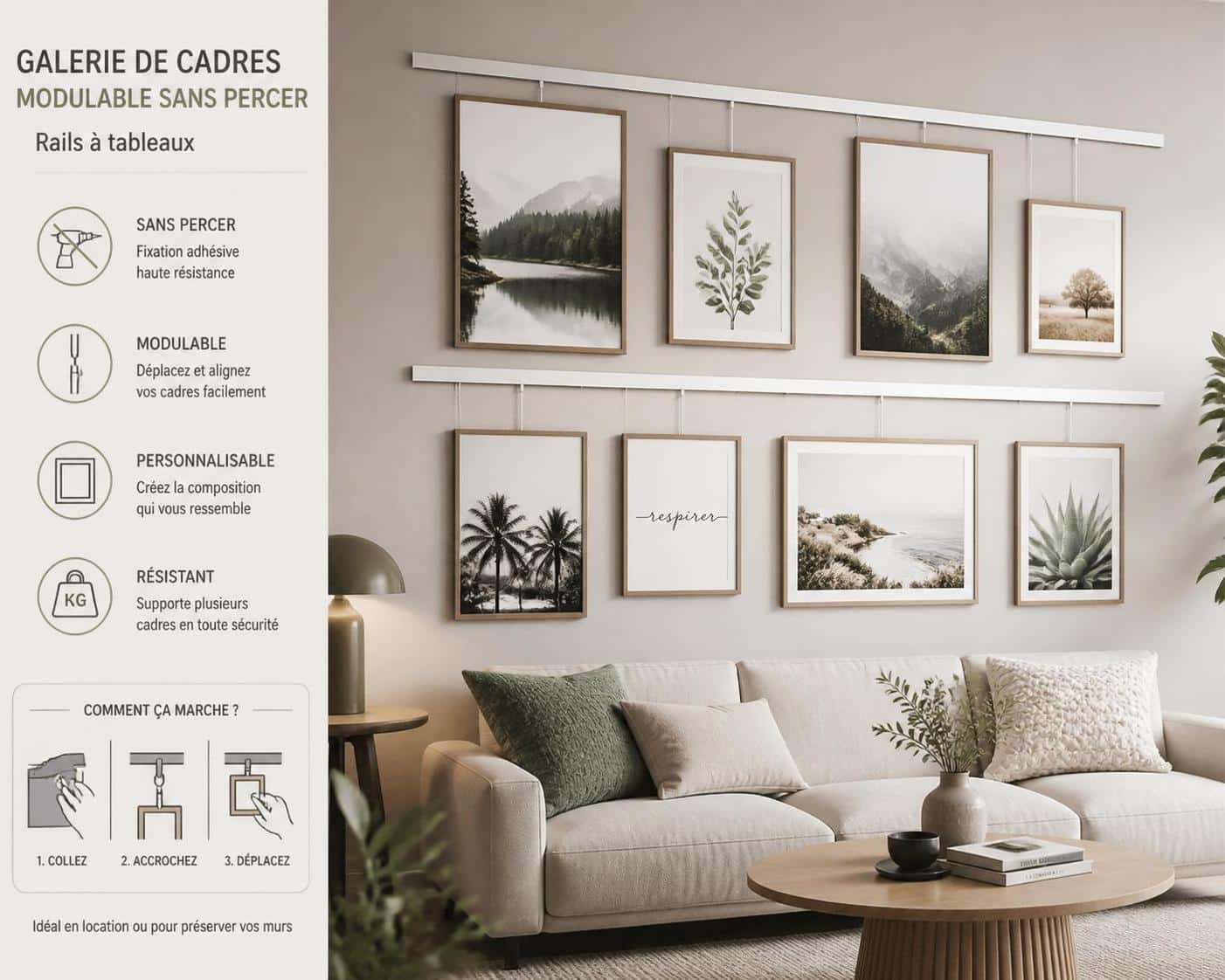 d&eacute;couvrez comment installer une galerie de cadres modulable sans percer vos murs gr&acirc;ce &agrave; nos techniques simples et gabarits pratiques pour un am&eacute;nagement &eacute;l&eacute;gant et facile.
