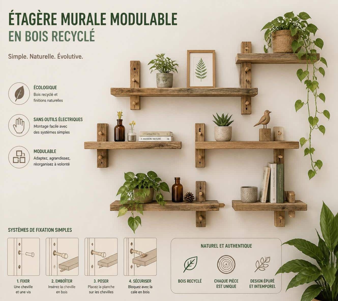 apprenez &agrave; fabriquer une &eacute;tag&egrave;re murale modulable en bois recycl&eacute; facilement, sans utiliser d'outil &eacute;lectrique, gr&acirc;ce &agrave; ce tutoriel &eacute;tape par &eacute;tape &eacute;cologique et &eacute;conomique.