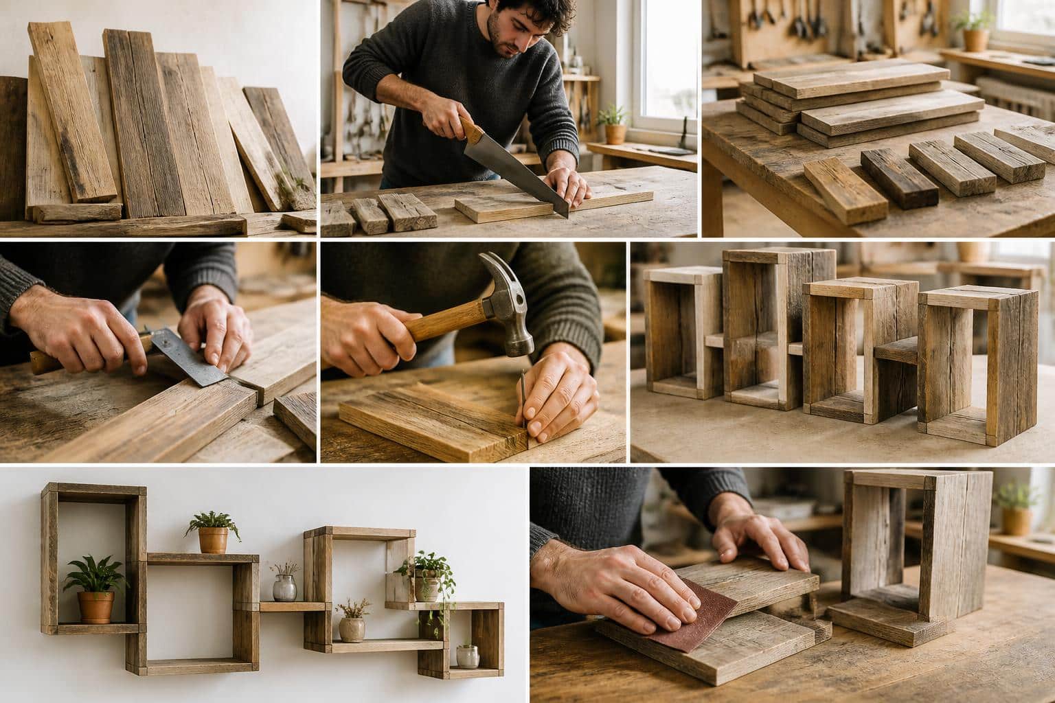 apprenez &agrave; fabriquer une &eacute;tag&egrave;re murale modulable en bois recycl&eacute; facilement, sans utiliser d'outil &eacute;lectrique. un tutoriel simple et &eacute;cologique pour am&eacute;nager votre int&eacute;rieur.